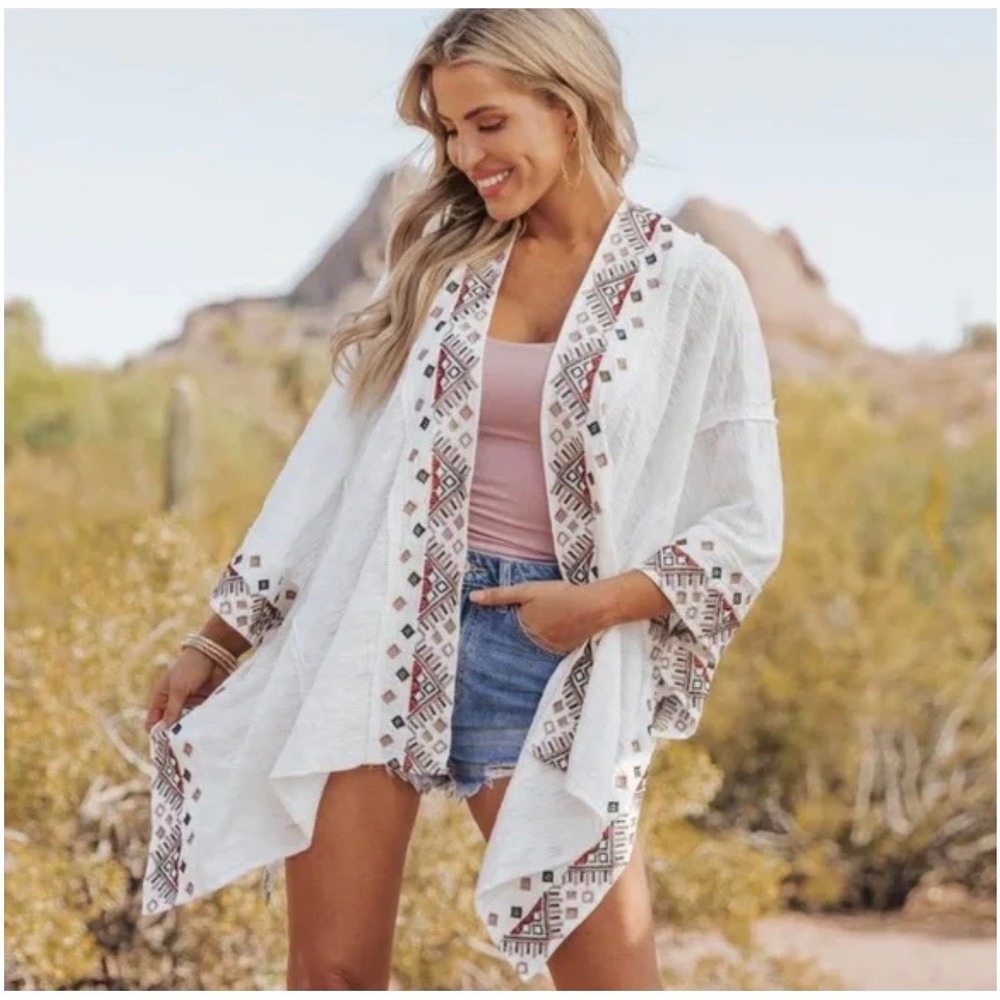 POL White Embroidered Kimono Cardigan Boho Geometric Open Front Medium‎